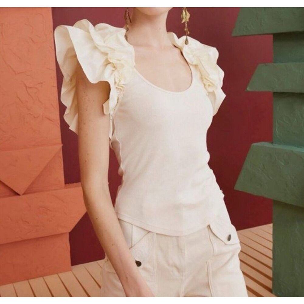 Ulla Johnson Koa Top in Cream Ribbed Knit Ruffle Cap Sleeve Size P Petite - Picture 1 of 10